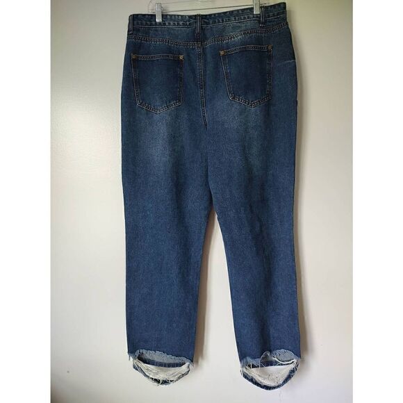 New Boohoo Blue Women's Size 14 Dark Wash Blue Distressed High Waist Mom Jeans - Picture 5 of 9